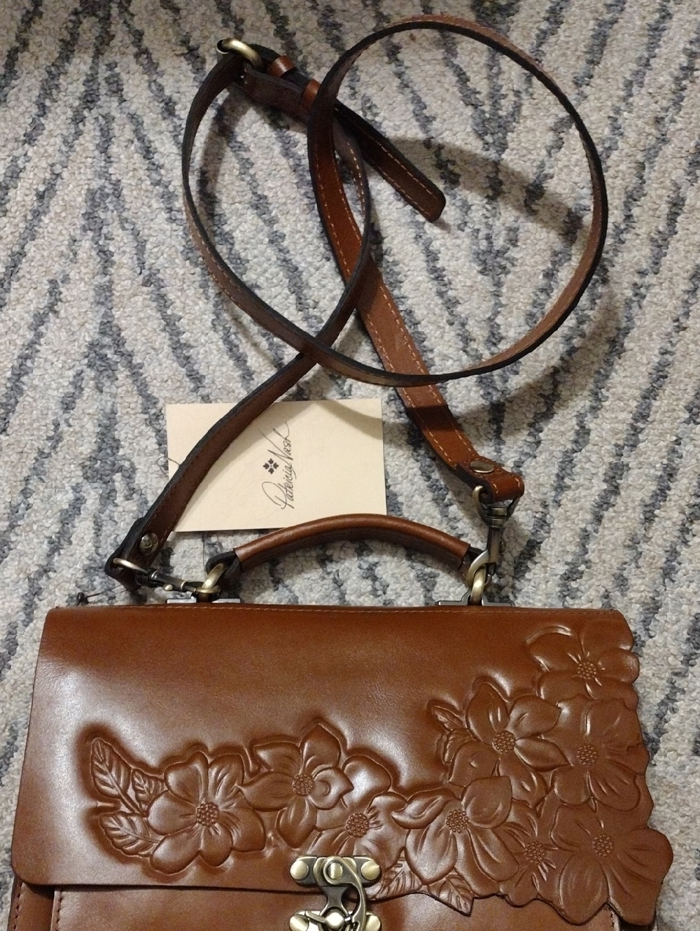 Patricia Nash Brown Floral Embossed Leather Crossbody Satchel